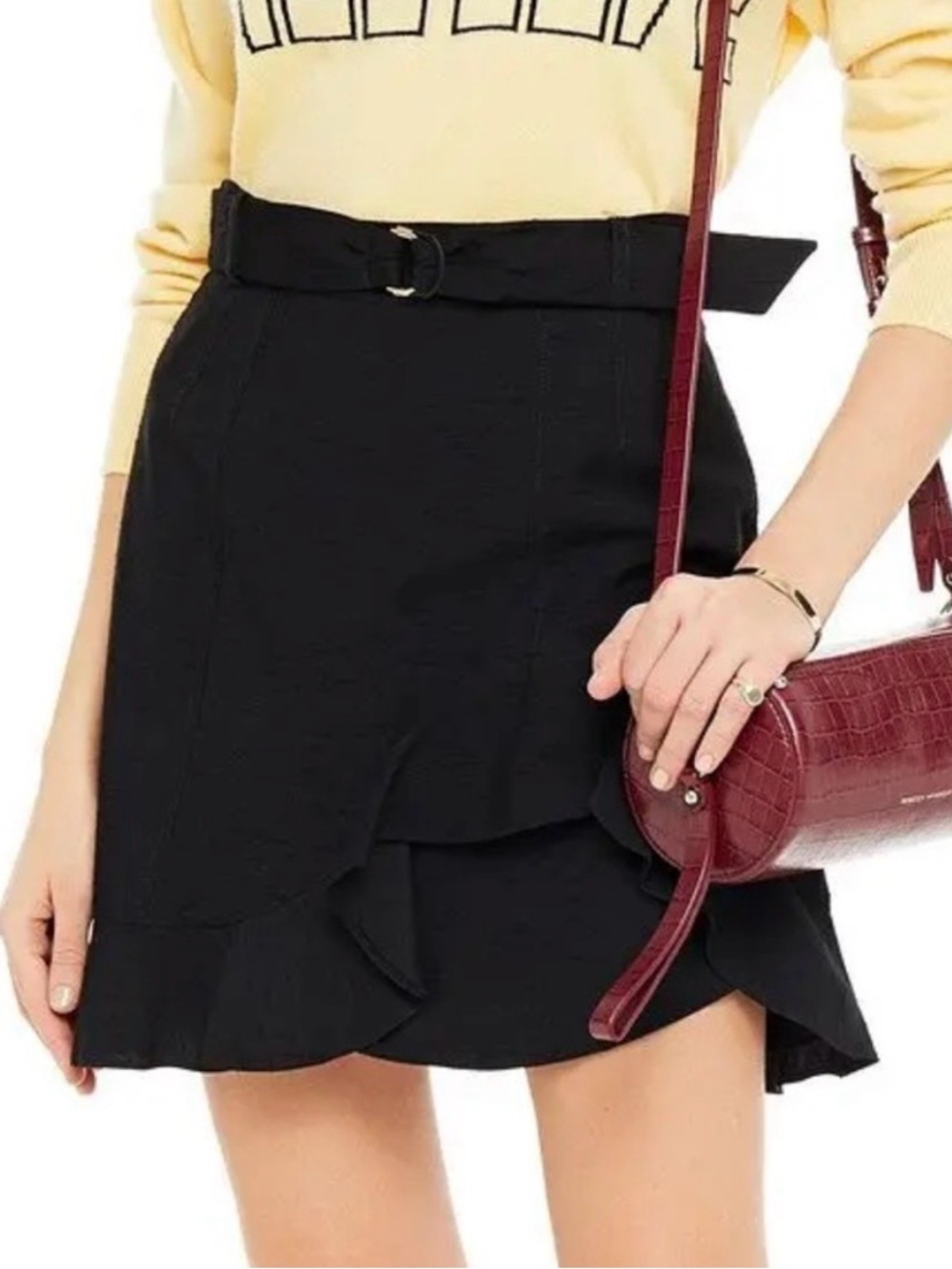 Sandro Amy Belted Ruffled Slub Woven Mini Skirt Size 2